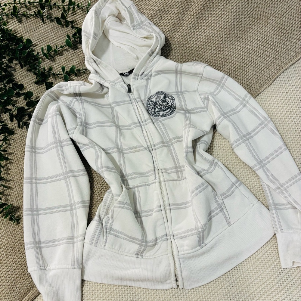 French Connection White and Gray Plaid Hoodie